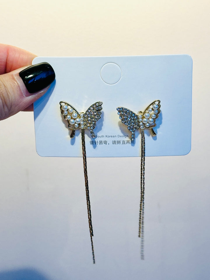 金色水钻蝴蝶耳环 Gold Crystal Butterfly Drop Earrings