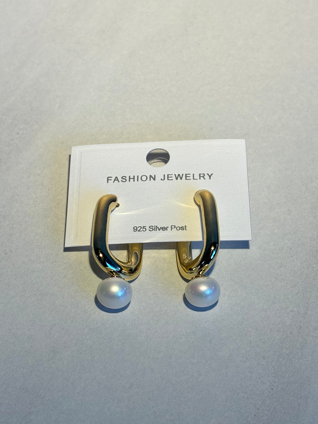 金色珍珠长方形环耳环 Gold Pearl Rectangle Hoop Earrings