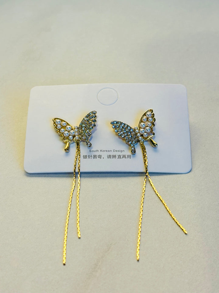 金色水钻蝴蝶耳环 Gold Crystal Butterfly Drop Earrings